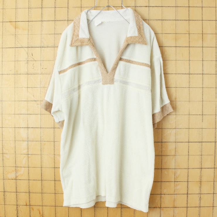 70s 80s USA パイル地 オープンカラー ポロシャツ ベージュ メンズM相当 半袖 ビーチ オールドサーフ アメリカ古着