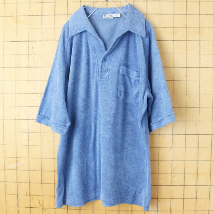 70s 80s USA David Langman パイル地 オープンカラー ポロシャツ ブルー メンズL 半袖 ビーチ オールドサーフ アメリカ古着