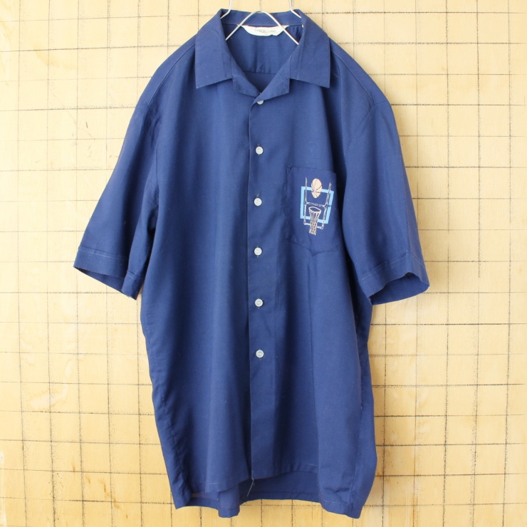70s 80s EURO MADISON バスケットボール オープンカラー シャツ ネイビー ブルー メンズML相当 半袖 両面プリント ヨーロッパ古着