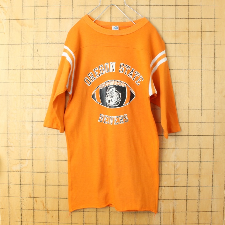 70s 80s USA製 ARTEX OREGON STATE BEAVERS プリント 五分袖 フットボール Tシャツ オレンジ メンズS アメリカ古着