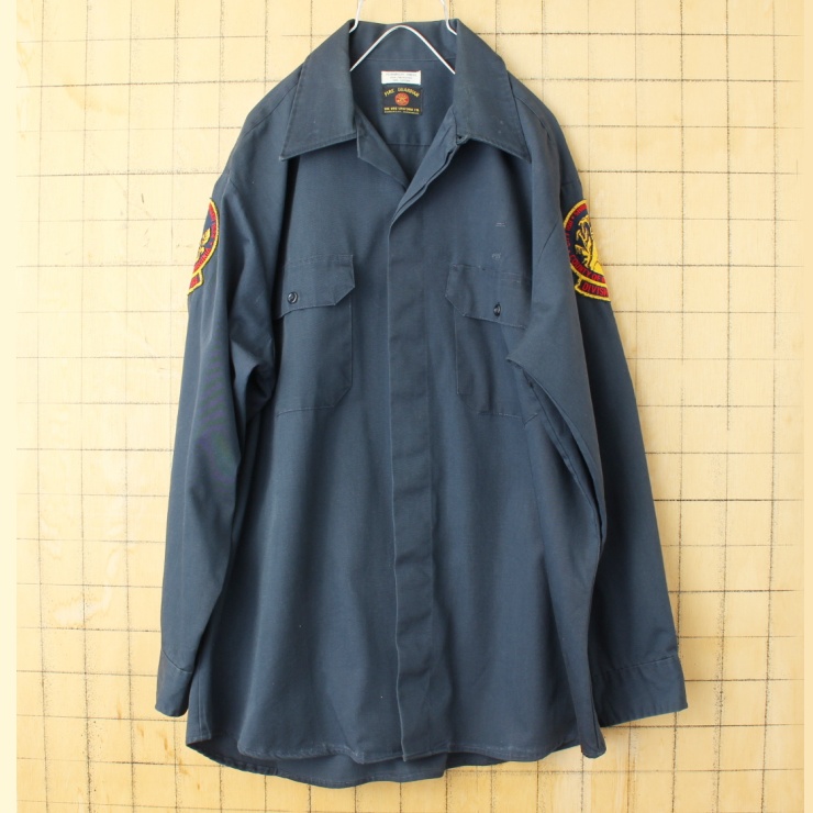 70s 80s USA FIRE GUARDIAN THE HUB UNIFORM CO 長袖 オープンカラー ワーク シャツ ネイビー ブルー メンズL相当 ワッペン アメリカ古着