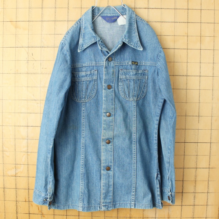 70s 80s USA製 Wrangler ラングラー 長袖 デニム シャツ ブルー メンズS相当 アメリカ古着