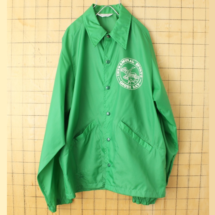 ☆USA製★　人気カラー　ナイロンジャケット　グリーン　緑　襟　スポーツロゴ　M