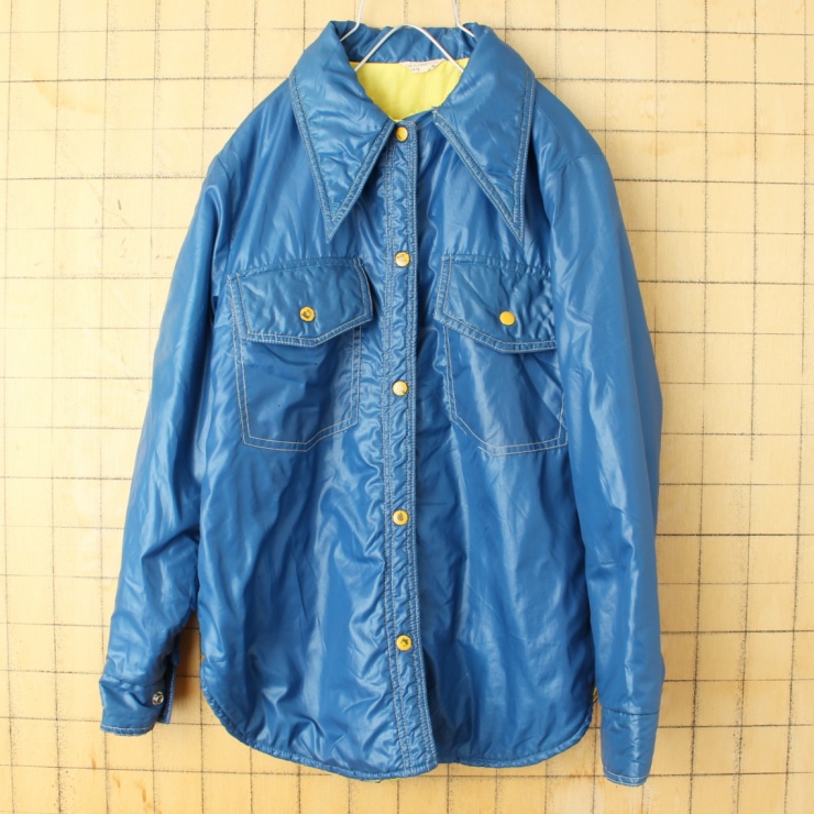 70s 80s USA 中綿 ナイロン シャツ ジャケット ネイビー ブルー ...