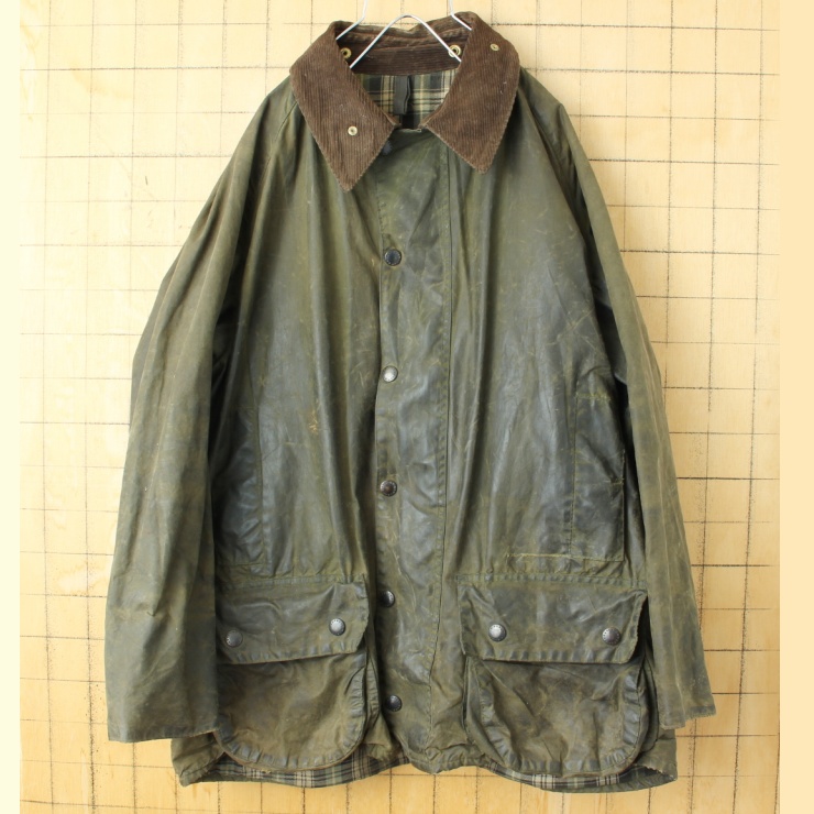 80s ENGLAND製 Barbour BEAUFORT バブアー ビューフォート 3ワラント ワックスコットン オイルドジャケット カバーオール サイズ44 カーキ グリーン アウトドア ヨーロッパ古着